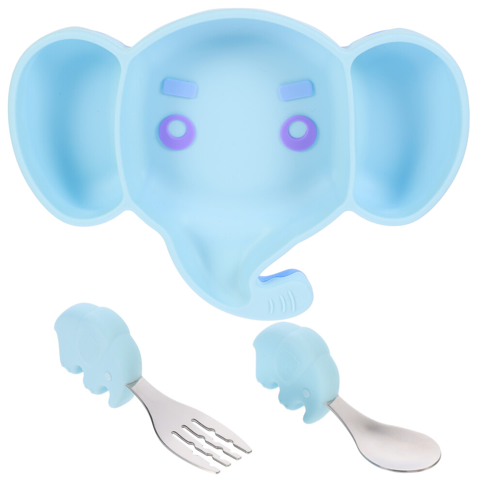 5Pcs Infant Feeding Bowl Set Sky- With Fork Spoon Elephant Design Blue Happyyami