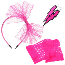2Pcs Womens Lace Headband Neon Earrings Fingerless Fishnet Gloves Rosy
