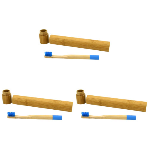 3Pcs Wooden Bamboo Toothbrush Blue Soft Bristle Comfortable Grip 1