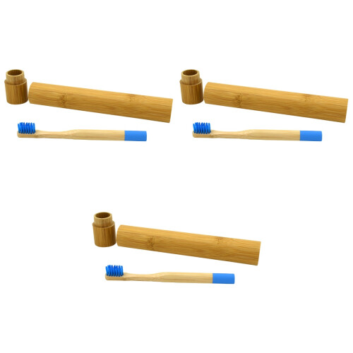 3Pcs Wooden Bamboo Toothbrush Blue Soft Bristle Comfortable Grip 2
