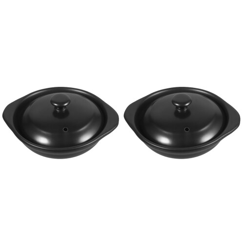 2Pcs Ceramic Stew Pots Black Household Cooking Pots with Lid 2