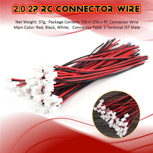 50Pcs  JST 2.0 2P Male Connector Wires Cables 1
