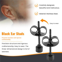 3Mm Round Ear Studs, 2pcs (1 Pair) - Stainless Steel - for Men - Color Black - With Gift Bag