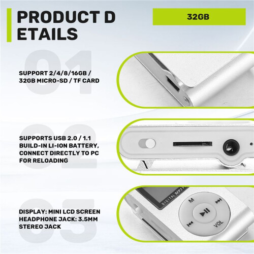 USB Clip MP3 Player Video Screen Support 32GB Micro- TF Card