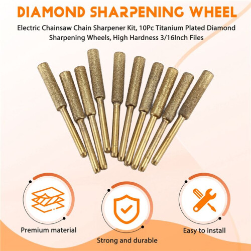 Electric Chainsaw Chain Sharpener Kit, 10Pc Titanium Plated Diamond Sharpening Wheels, High Hardness 3/16Inch Files 1