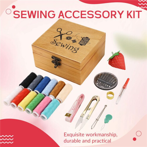 Wooden Sewing Box Sewing Accessories Supplies Kit Workbox for Mending 2