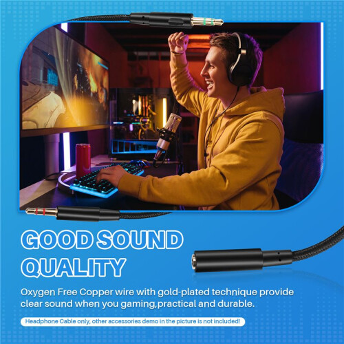 3.5mm Universal 2 in 1 Gaming Headset Audio- Extend Cable for HyperX Cloud II/Alpha-/Cloud Flight/Core Headphone 2