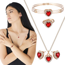 2Sets Rood Sieradenset Hartvorm Ketting Met Mode Oorbellen En Armband