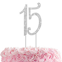 2Pcs Anniversary and Birthday Cake Topper Silver Rhinestone Decoration