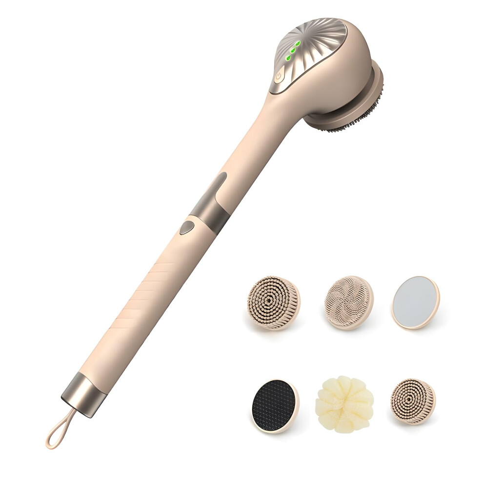 Electric Body Brush for Shower with Waterproof Long Handle, 6 Heads, 3 Speeds, Rechargeable Yellow