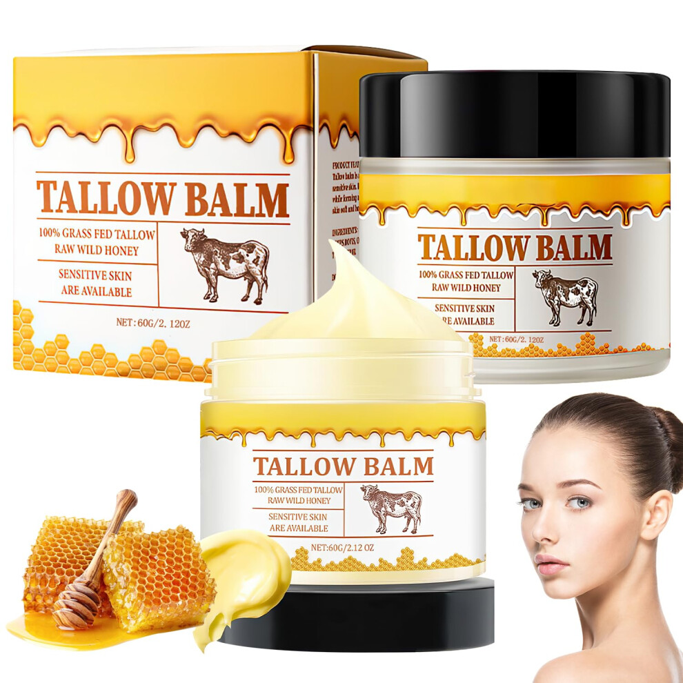 2PCS Grass Fed Tallow and Honey Balm, Deep Hydration Beef Tallow Moisturizer for Sensitive Skin 60g