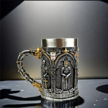 Taza de cerveza de caballero medieval, taza de café de diseño vintage de resina y acero inoxidable de gran capacidad,