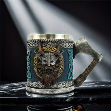 (Viking Cup, 15.2oz（450ml）) 450 ml 3D-Wikinger-Mark-Kaffeetasse, mittelalterlicher Wikinger-Bierkrug, Edelstahl-Innenfutter,