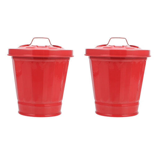 2Pcs Red Desktop Garbage Bins Iron Mini Trash Cans with Lid for Home 1