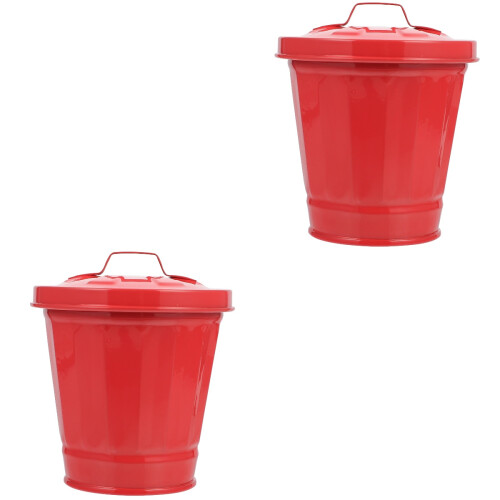 2Pcs Red Desktop Garbage Bins Iron Mini Trash Cans with Lid for Home 2