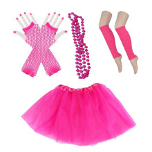 2Pcs 80S Party Dress Neon Bead Necklace Rosy Fishnet Gloves Costume