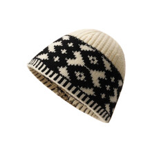 Soft Wool Knit Winter Hat with Rhombic Pattern-Beige