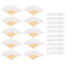 10x fan in white silk fabric + bamboo with gift bag in muslin for wedding personalized dancing writing painting