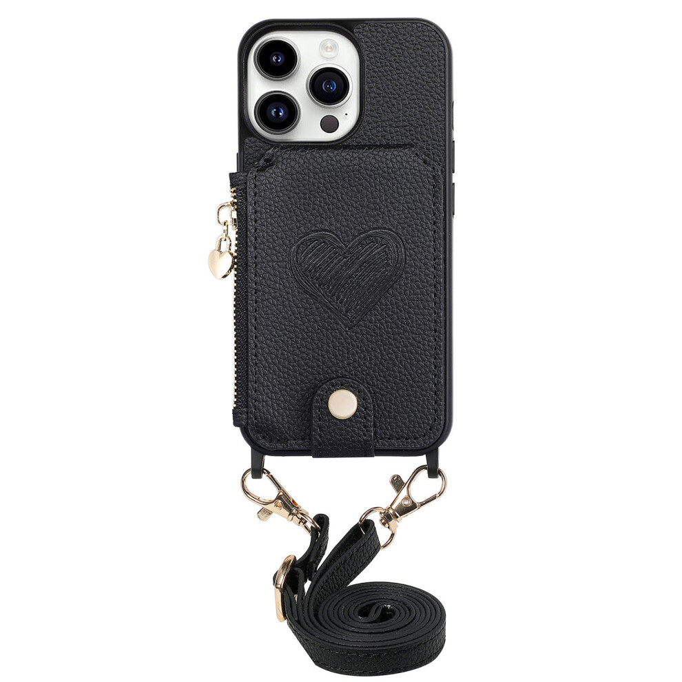 (Iphone 16 Pro, ) For Iphone 16 Pro Case Card Holder Kickstand Leather Back Cover With Shoulder Strap Black 6914286541963