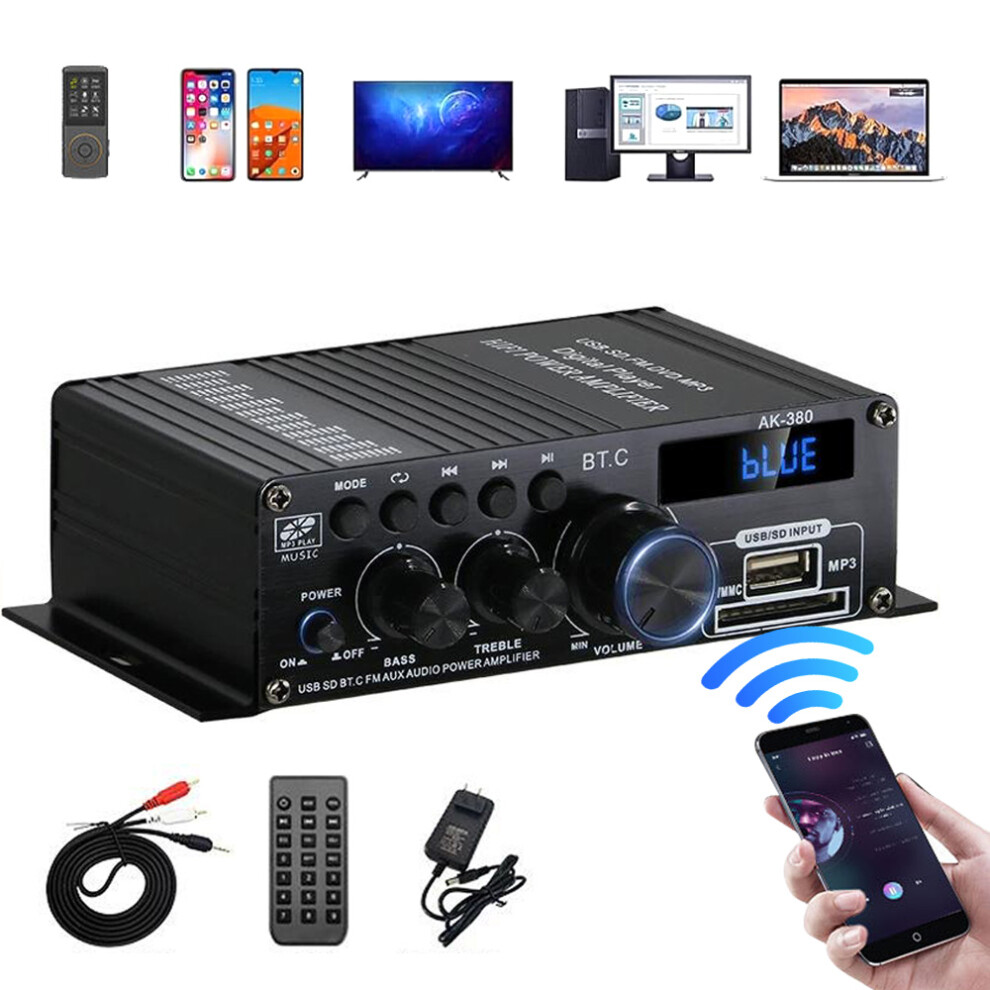Bluetooth 5.0 Audio Amplifier With Fm Function, Stereo Audio Amp 2.0 Ch Hifi Sound Receiver With Multiple Input Methods For Passive Speakers, 9437117378905