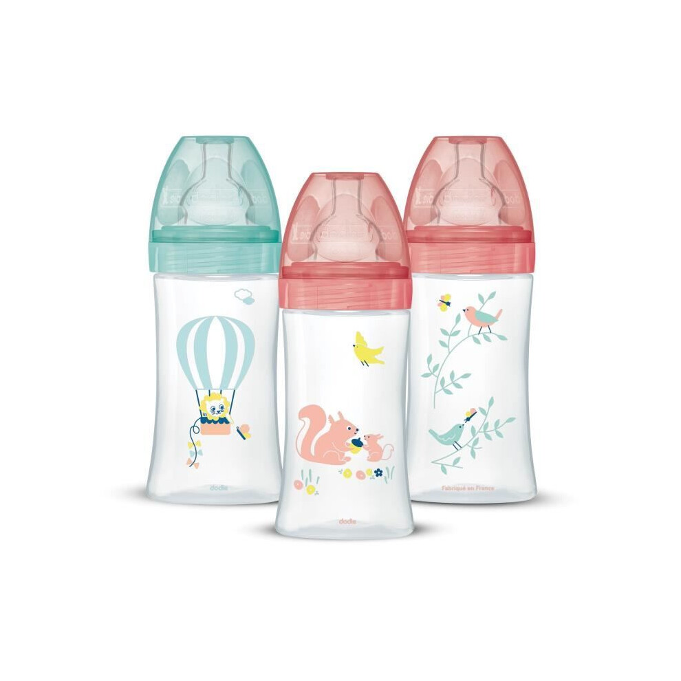 Sensation+ Anti-Colic Feeding Bottles, Girls, 270 Ml, 0-6 Months, Flat Teat, Flow Rate 2 Dodie