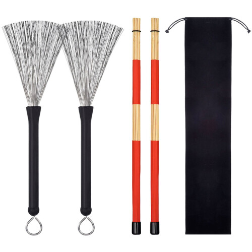 2Stk Professionelle Bambus Drumsticks Mit Stahlbürsten Für Percussion