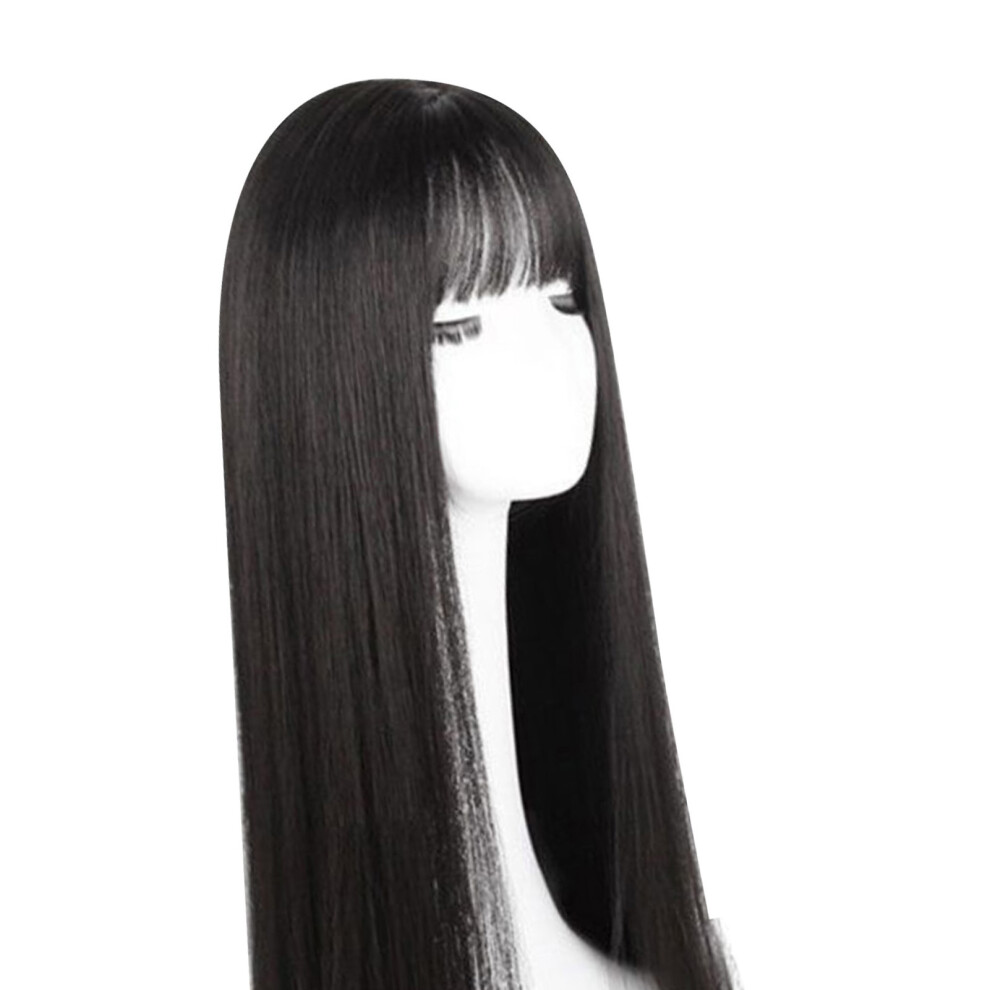 Unisex Black Women's 28.3 Inch Long Straight Wig With Bangs Heat Resistant Synthetic