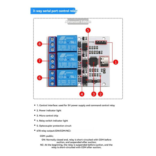 Relay Module 3 Channel USB to CH340 Serial Control Relay Module Optocoupler Protection TYPE-C Interface Module DSTUR-T30 1