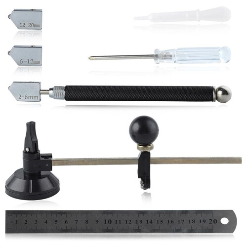 7 PCS Glass Cutter Tool Set Includes Adjustable Circular Glass Cutter with Round Knob Handle and Suction Cup