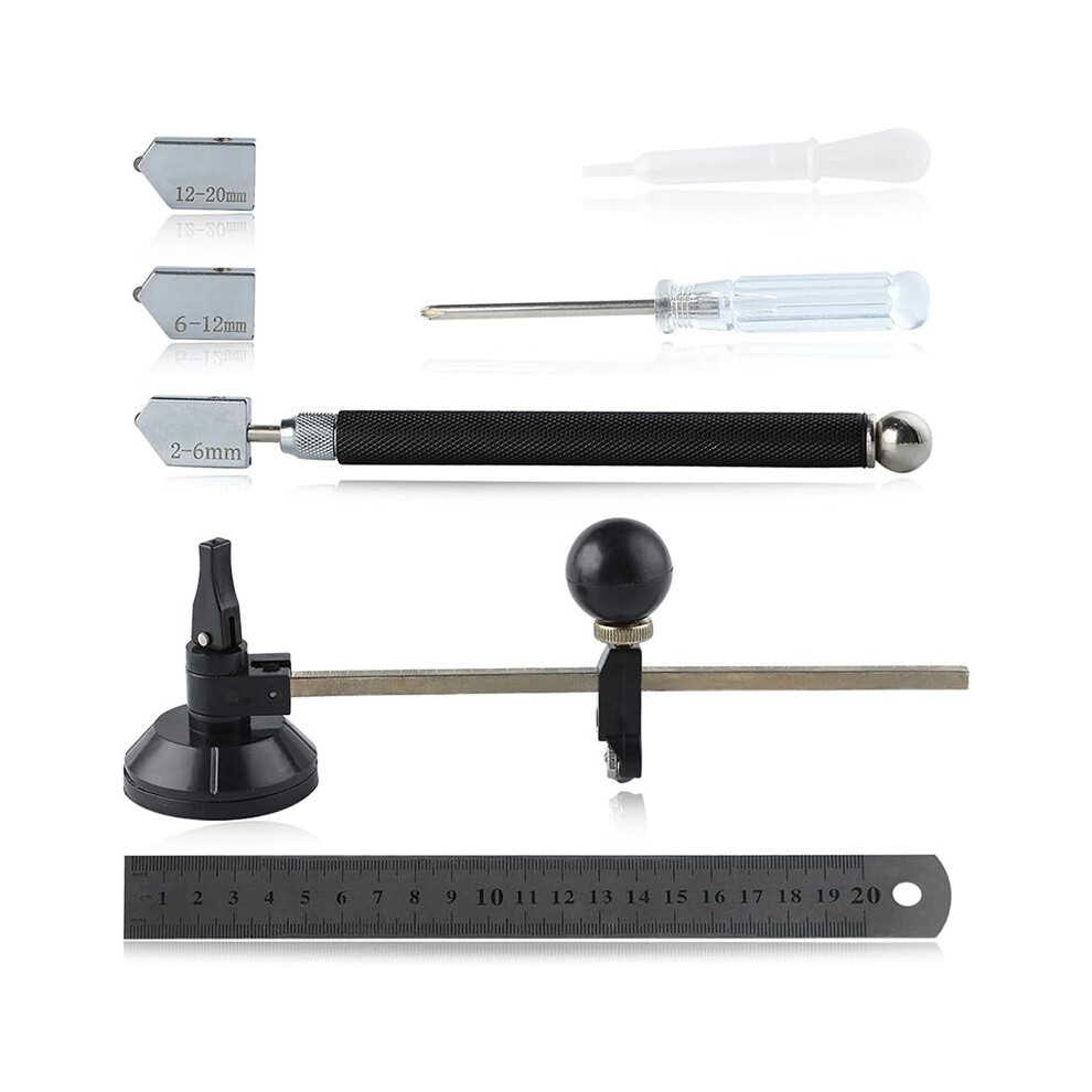 7 Pcs Glass Cutter Tool Set Includes Adjustable Circular Glass Cutter With Round Knob Handle And Suction Cup 4712369504889