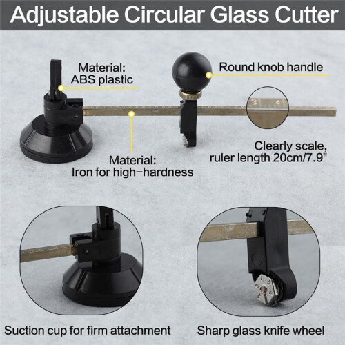 7 PCS Glass Cutter Tool Set Includes Adjustable Circular Glass Cutter with Round Knob Handle and Suction Cup 2