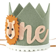 1 Year Old Kids Avocado Green Lion Birthday Crown First Baby Party White Non Woven Safari C