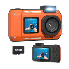 Fotocamera Impermeabile 4K 65MP Fotocamera Subacquea con Scheda 64G, per Snorkeling Autofocus Selfie Doppio Schermo Arancione