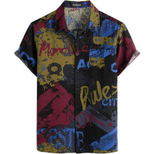 Mens Black Red Cotton Linen Hawaiian Shirt Short Sleeve Ethnic Tribal Print Button Down Summer Holiday Top Size S