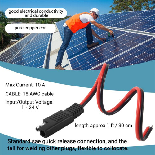 2 Pcs 18AWG SAE Extension Cable 2-Pin SAE Quick Connector Disconnect Plug 10A Solar Battery Panel SAE Plug Wire 1Ft/30cm 2