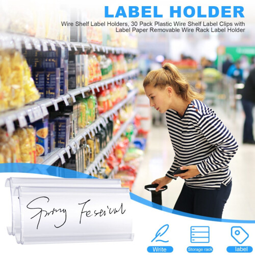 Wire Shelf Label Holders, 30 Pack Plastic Wire Shelf Label Clips with Label Paper Removable Wire Rack Label Holder 1
