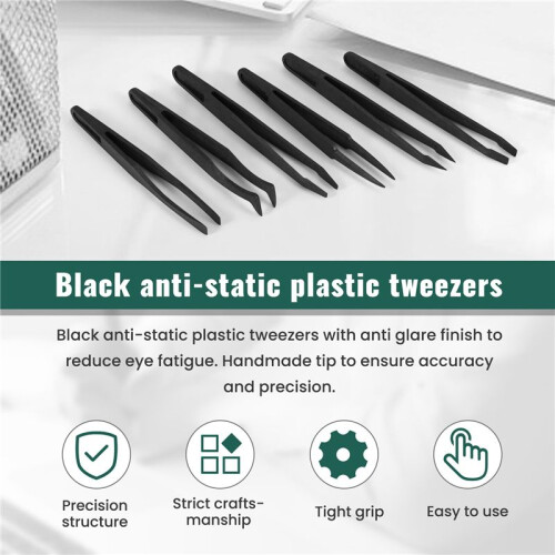 6PCS Precision Tweezer Set Plastic Anti Static Tool Kit Size 1/2/3/5/6/8 each one(Black) 1
