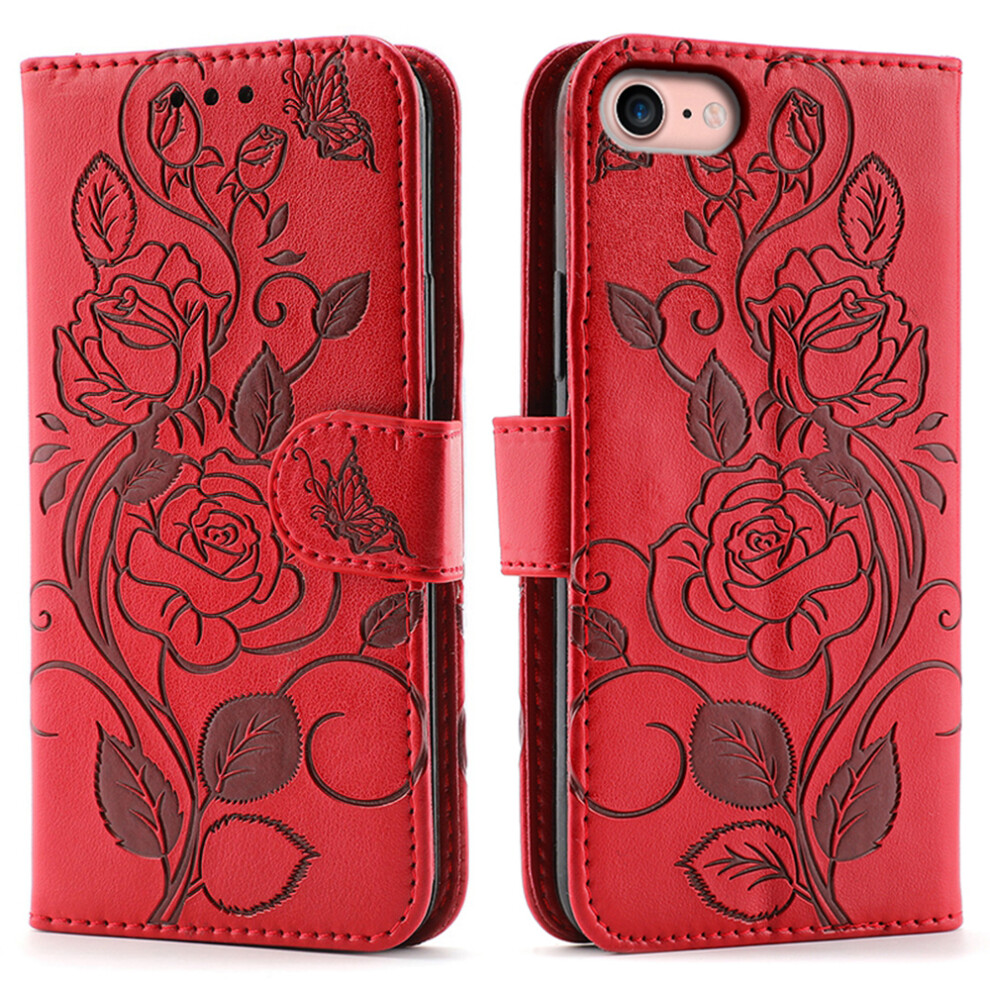 (Iphone 16E, ) For Iphone 16E Case Wallet Stand Imprinted Rose Butterfly Pu Leather Phone Cover Red 6914287408173