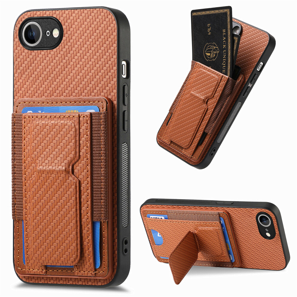 (Iphone 16E, ) For Iphone 16E Case With Card Holder Kickstand Fiber Pattern Leather Back Cover Brown 6914285842917