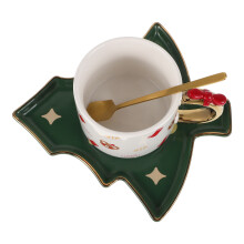 2Sets Festive Green Ceramic Mug with Christmas Tree Saucer for Coffee