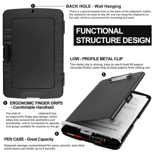 Clip Board Organizer Clipboards with Storage Nursing Clipboard Foldable File Folder Plastic Clipboard (Black) 2