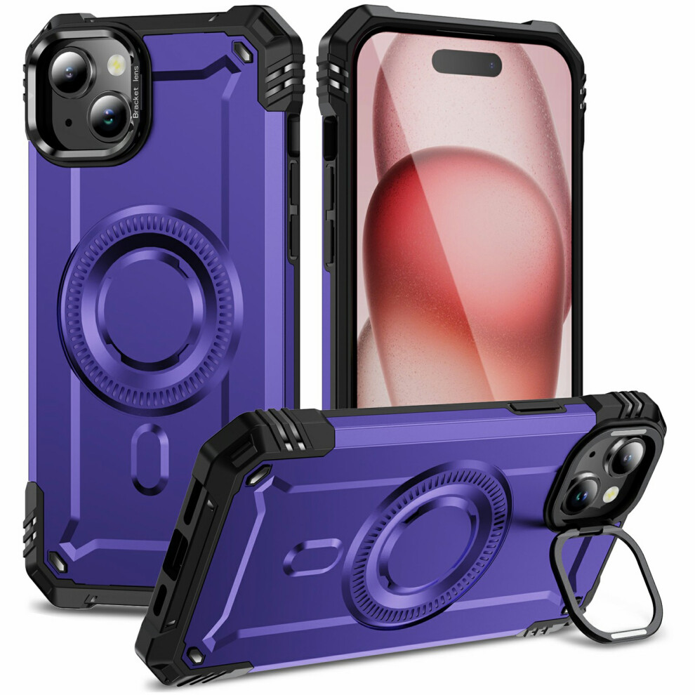 (Iphone 15, ) For Iphone 15 Magnetic Case Lens Kickstand Pc+Tpu Shockproof Phone Cover Purple 6914286292353