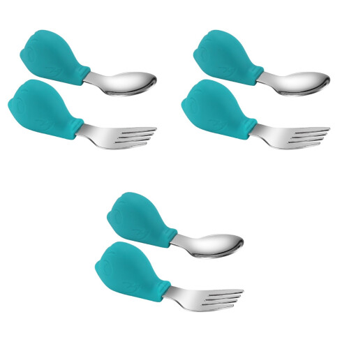 3Sets Baby Feeding Utensils Green Silicone Handle Fork Spoon for Kids 2