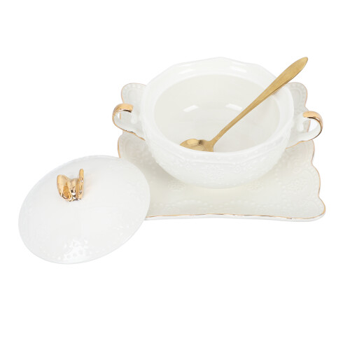2Sets White Ceramic Double-Handle Bowl European Style Dessert Storage 1