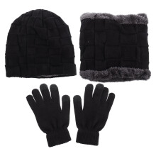 3Sets Men's Black Warm Beanie Hat Scarf and Gloves Set Winter