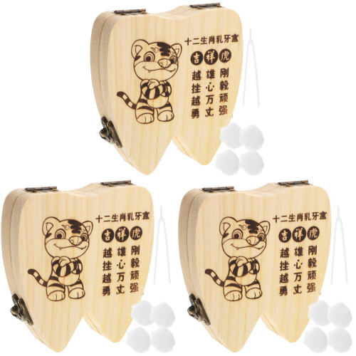 3Sets Kids Teeth Storage Box Light Yellow Wooden Tooth Organizer 1