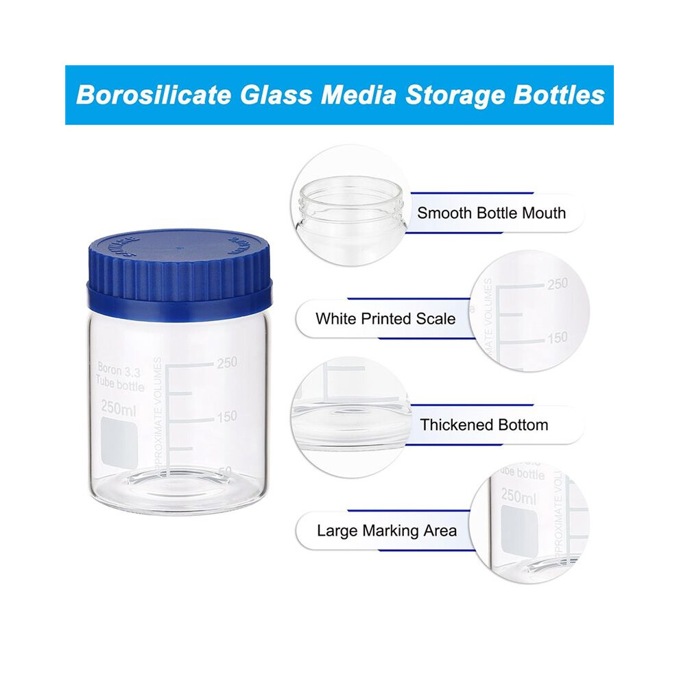 Spactz 4 Pack Reagent Media Storage Bottles, 250Ml Borosilicate Glass Wide Mouth Graduated Round Bottles With Gl32 Screw Cap
