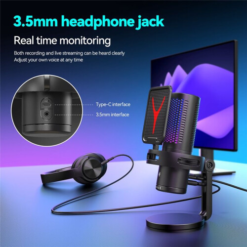 Microfono da Gioco Microfono A Condensatore Professionale Microfono Cablato USB RGB per PC Laptop Computer Podcast Gamer Karaoke 1