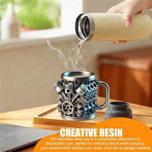 V6 Engines Rostfritt Stål Kopp Kaffemugg, Bilmotor Kaffekopp med Isolerat Handtag för Bilälskare Present