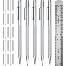 5-Pack Tungsten Carbide Scriber, Metal Scribe Tool with 25 Replacement Marking Tips & Steel Ruler -for Glass/Ceramics